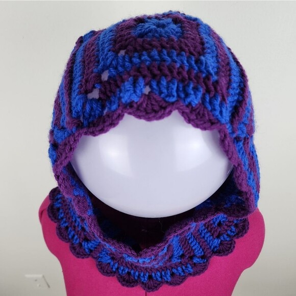 New Crochet Handmade Balaclava Granny Square Blue Purple Scalloped Edges - Picture 3 of 16